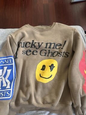 Lucky Me! I See Ghosts Graphic Sweatshirt — Brown with Yellow Smiley